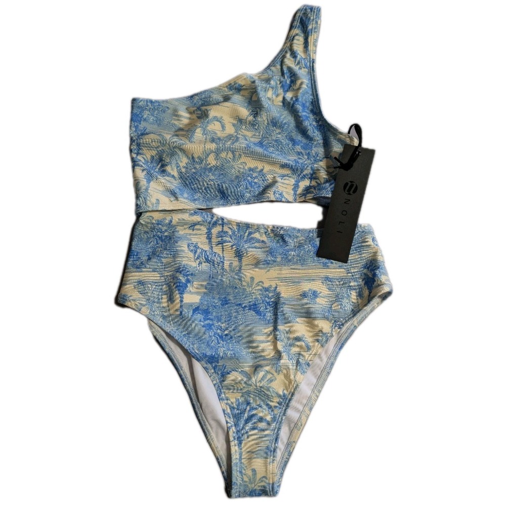 Noli Isla One Piece Swimsuit Womens Small Paradise Blue Palm Cutout‎ NWT $105